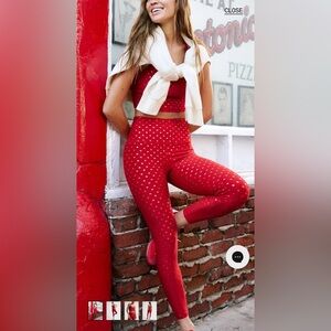 Beyond Yoga Holly Red Ditsy Hearts Midi Leggings & Racerbk Tank SET $173 retail